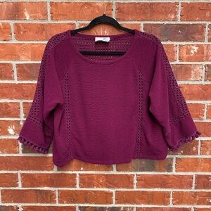 Anthro Sunday Saturday Medium Boxy Burgundy Tassle Fringe Laser Cut Sleeve Top